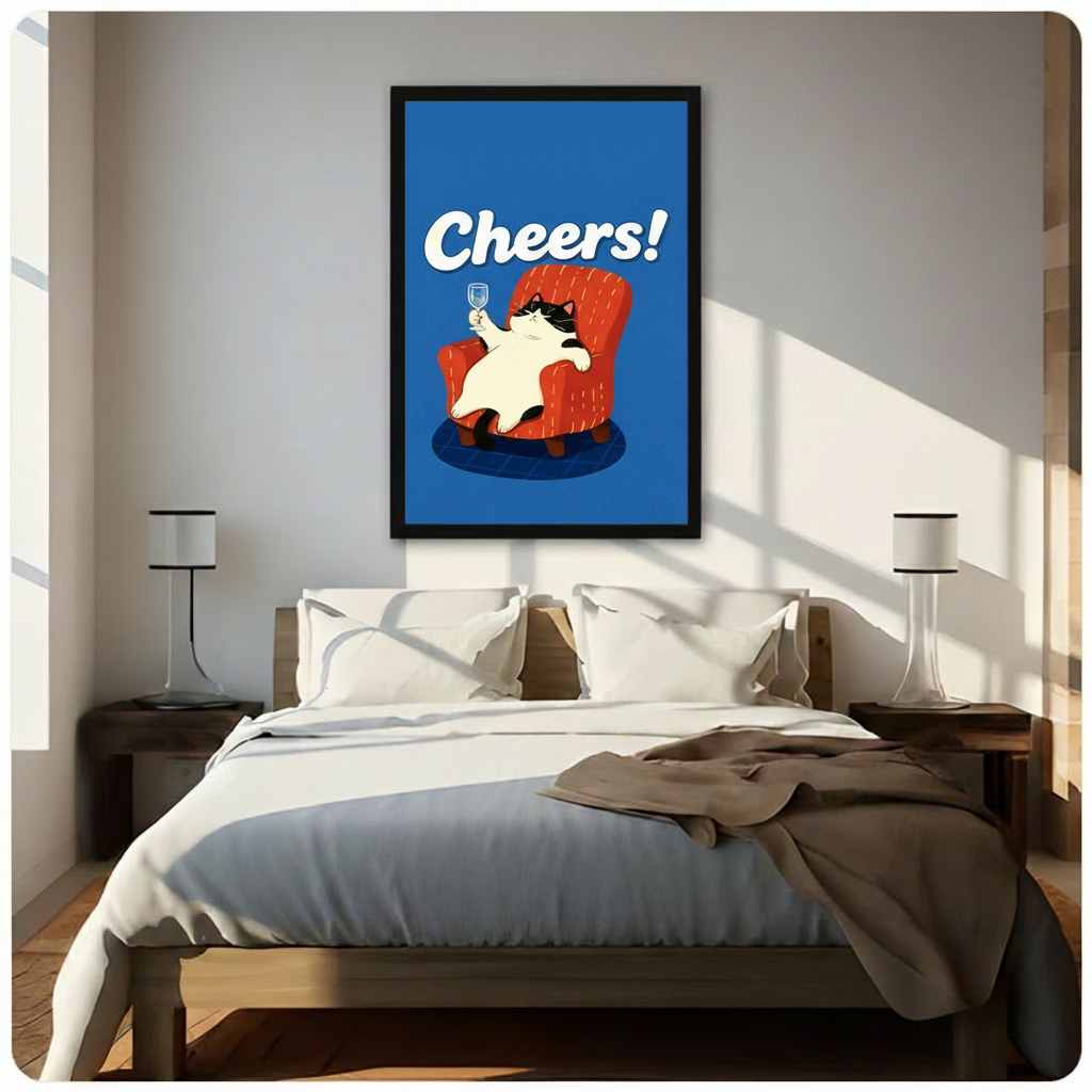 Framed retro Cheers cat illustration wall art with tuxedo cat raising wine glass in red chair on blue background, hung above wooden bed in sunlit minimalist bedroom