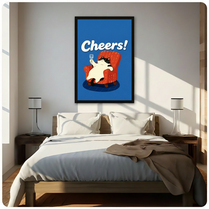 Framed retro Cheers cat illustration wall art with tuxedo cat raising wine glass in red chair on blue background, hung above wooden bed in sunlit minimalist bedroom