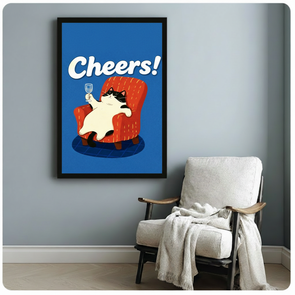 Black framed Cheers cat poster art print with chubby tuxedo cat holding wine glass in red chair, styled on gray wall beside white linen armchair