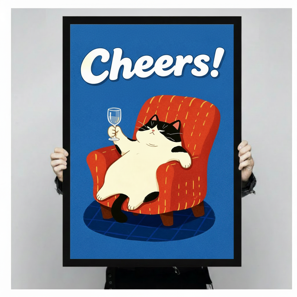 Close-up of black framed Cheers cat wall art print showing chubby tuxedo cat toasting with wine glass in red armchair on blue background, held by person