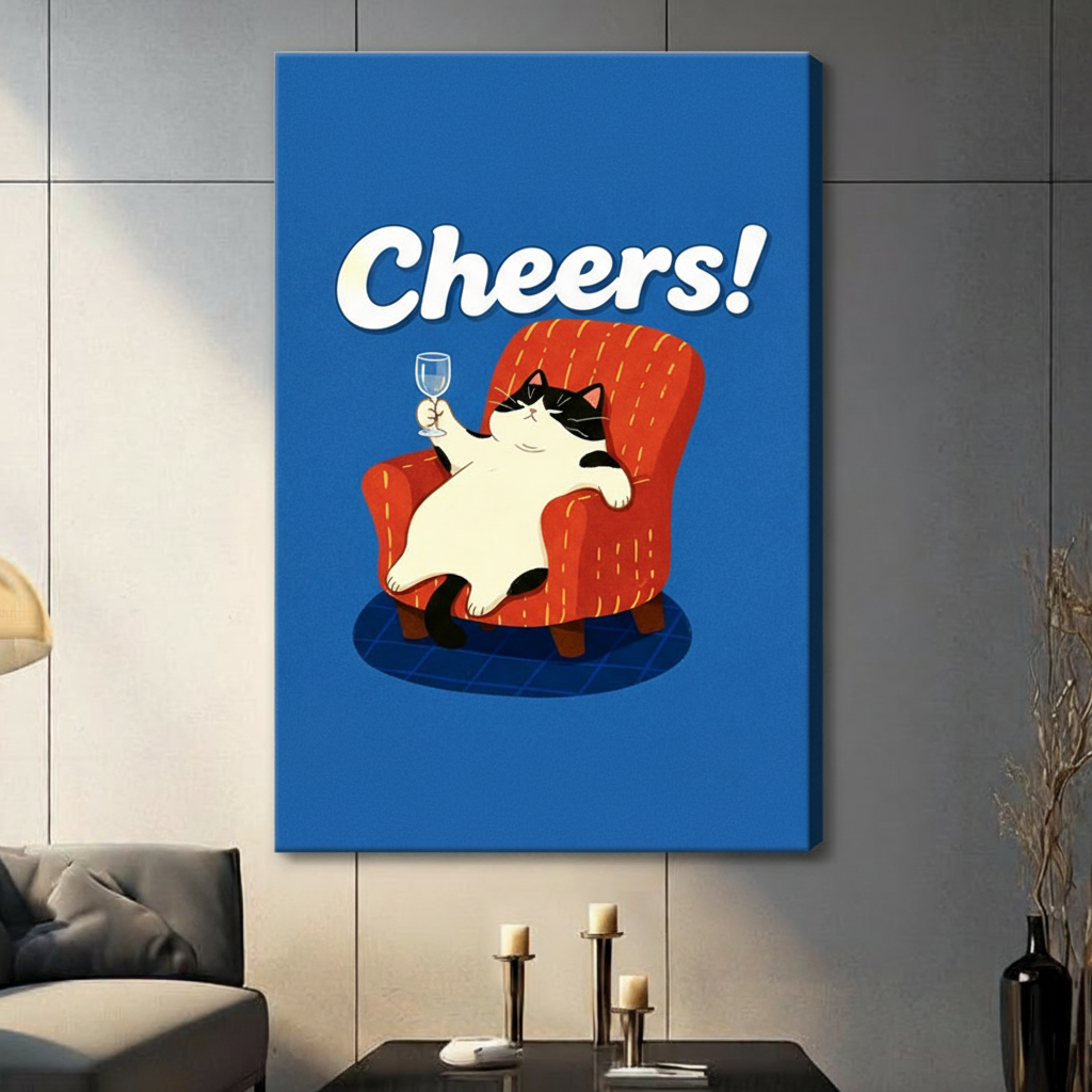 Unframed canvas wall art featuring fun illustration of fat tuxedo cat toasting with wine glass in red striped armchair on vivid blue background, hung in contemporary living room