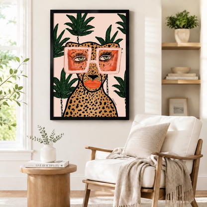 Bold cheetah portrait with oversized pink sunglasses and green palm leaves in a black frame, hung above a wooden armchair in a cozy neutral living space