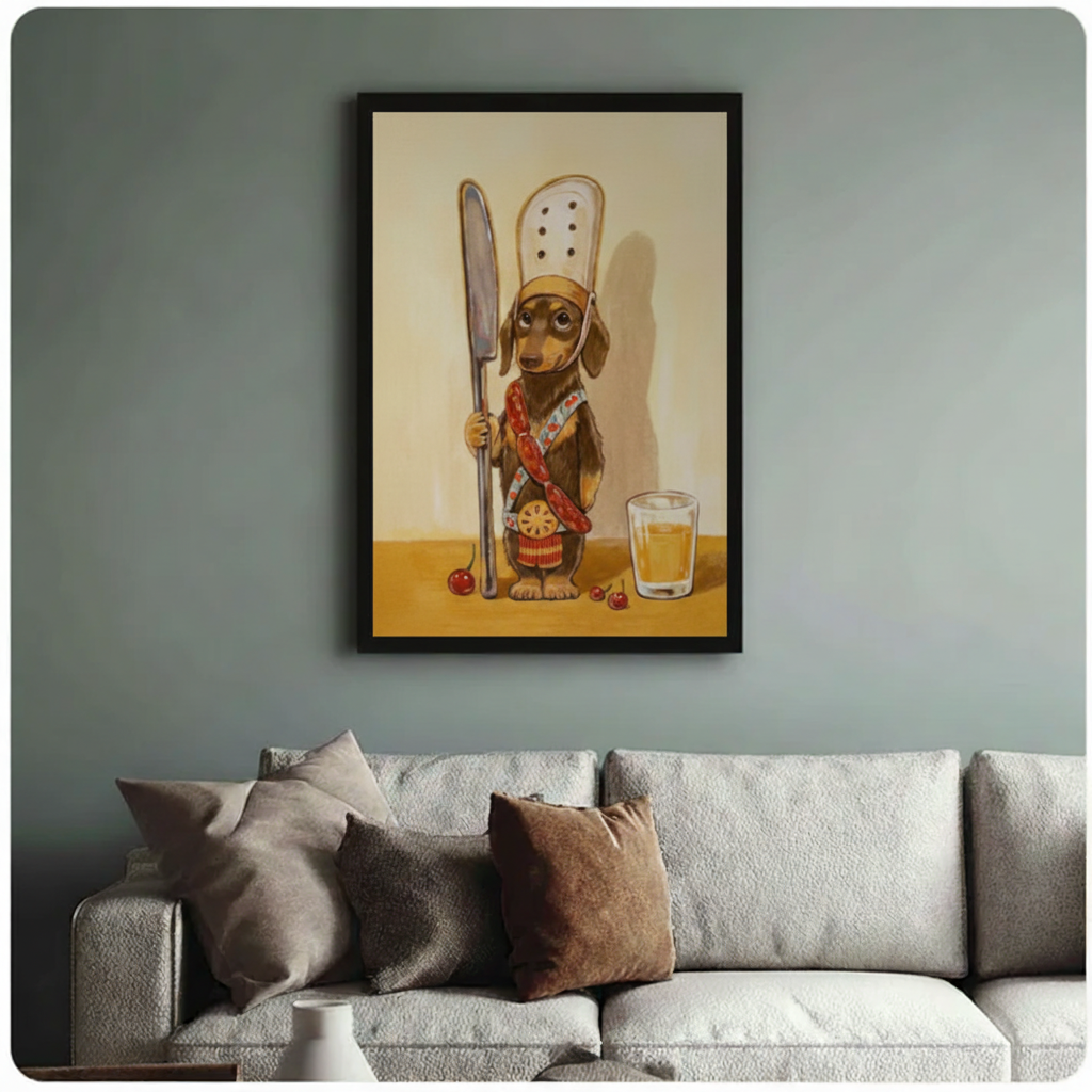 Chef dachshund canvas art print on blue-gray wall beside white Scandinavian armchair — cute dog wall decor