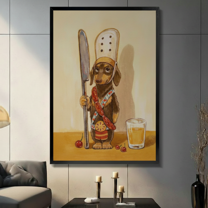 Chef dachshund canvas wall art print displayed on gray stone tile wall with candle decor — dog kitchen art