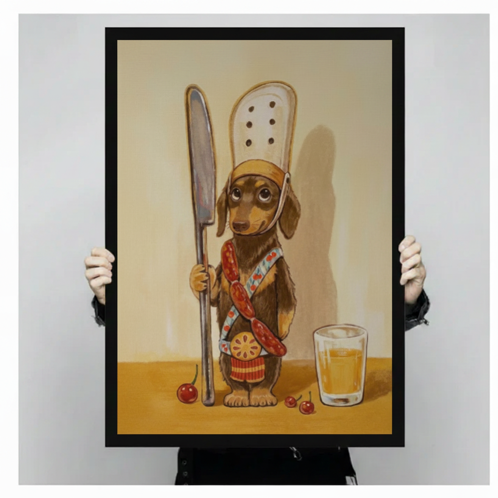 Hands holding chef dachshund canvas print showing frame detail and print quality — dachshund wall art gift idea