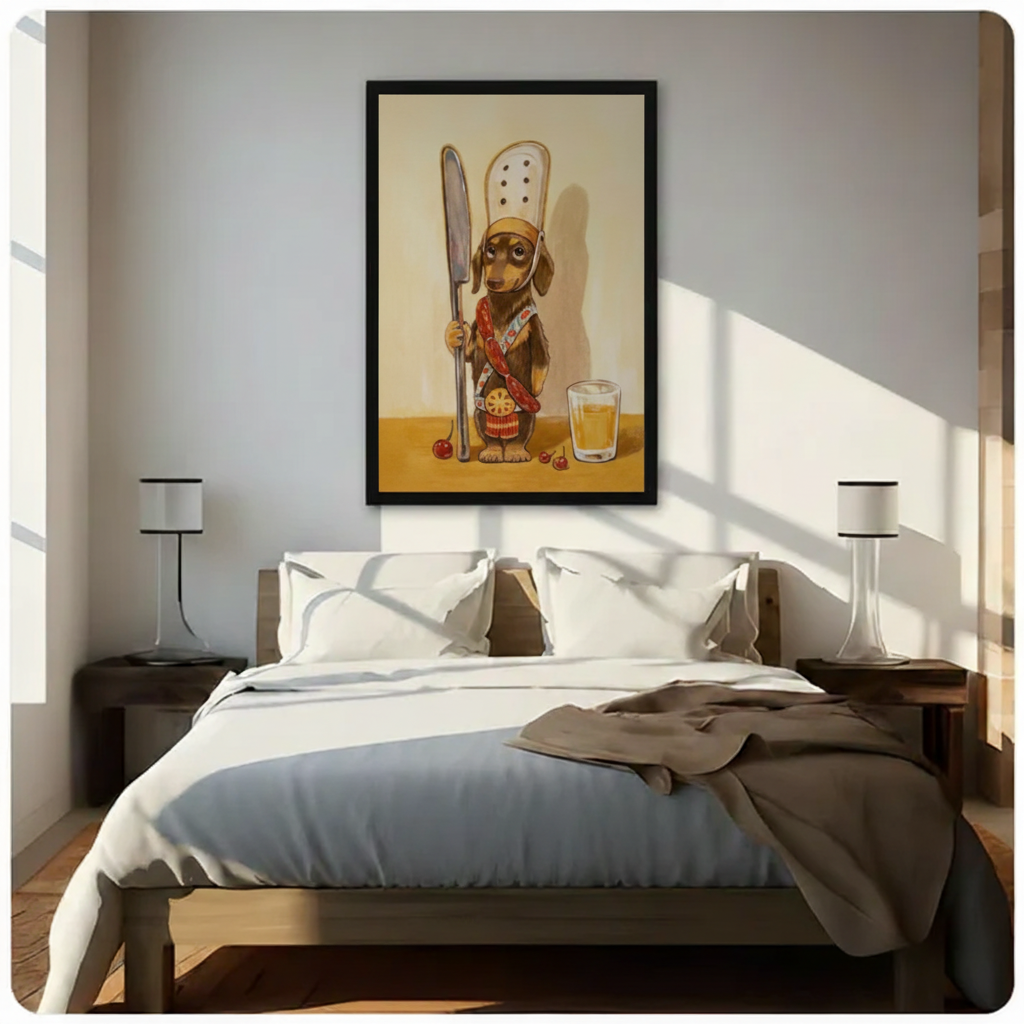 Chef dachshund framed wall art on cream wall above teal sofa — transform any blank wall with unique dog canvas print