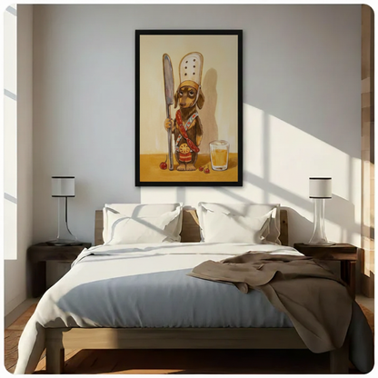 Chef dachshund framed wall art on cream wall above teal sofa — transform any blank wall with unique dog canvas print