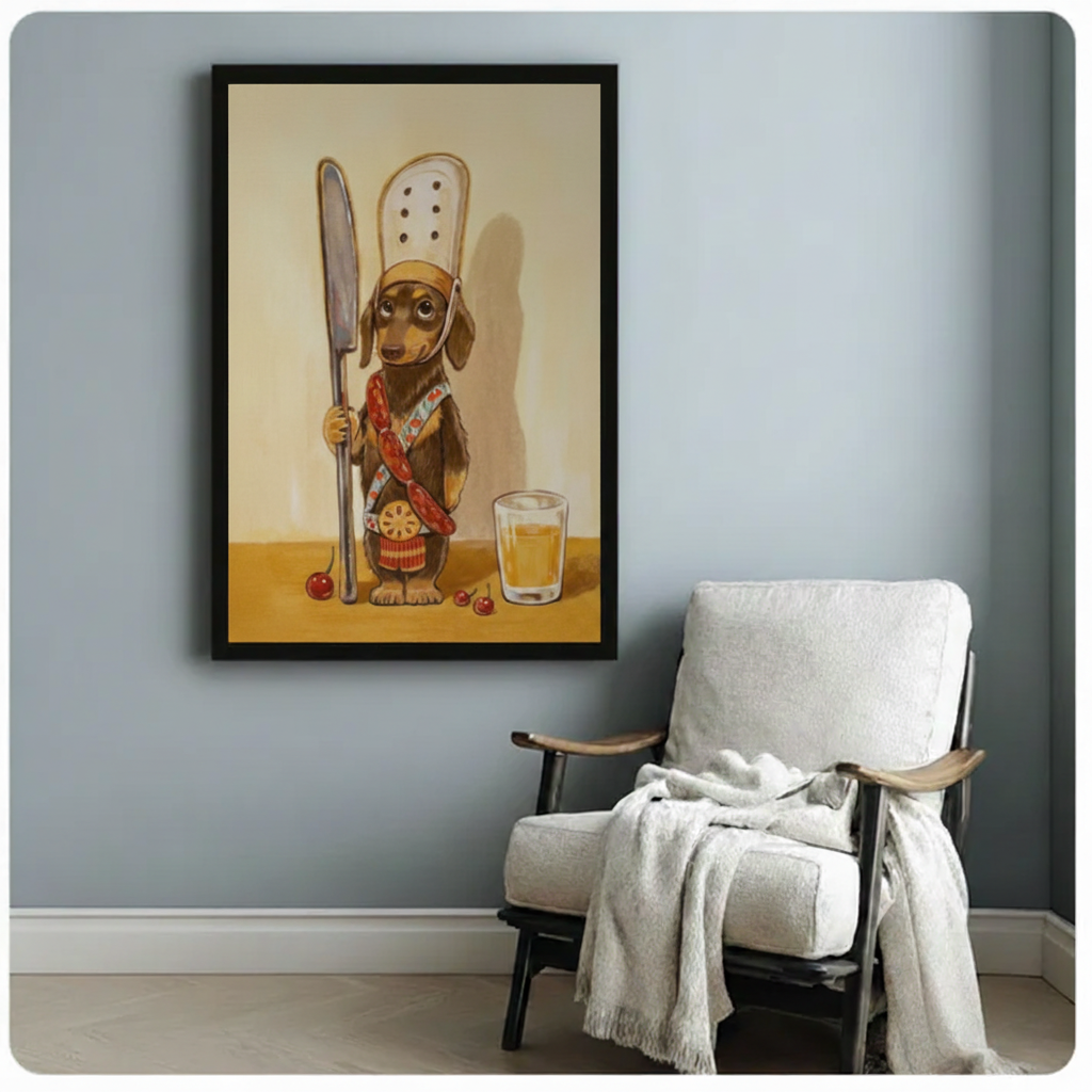 Chef dachshund framed canvas print hanging above bed in cozy bedroom — funny dog painting bedroom wall decor