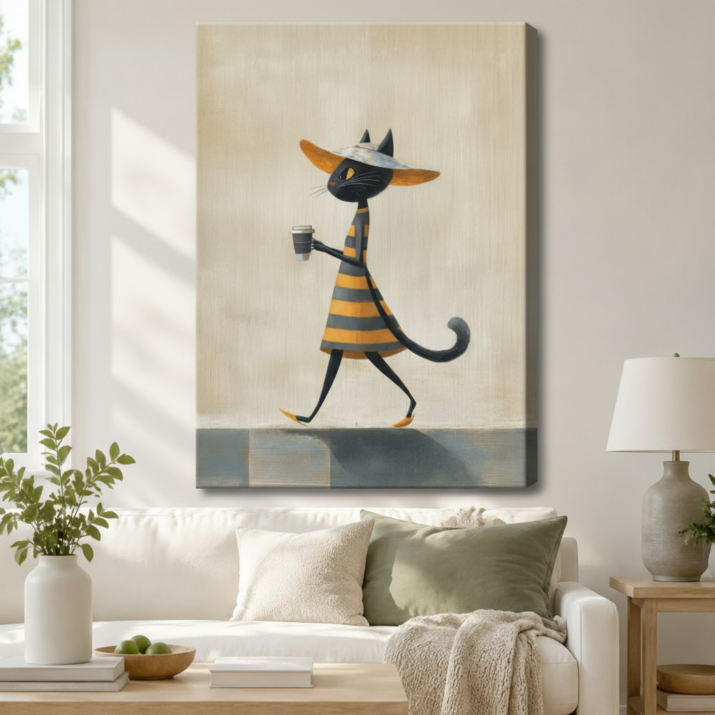 Stretched canvas chic black cat coffee stroll wall art featuring a slender black cat in a bold yellow-gray striped dress and wide orange sun hat striding gracefully with a takeaway coffee cup on a soft warm cream background, hung above a white sofa with sage green pillows in a bright living room