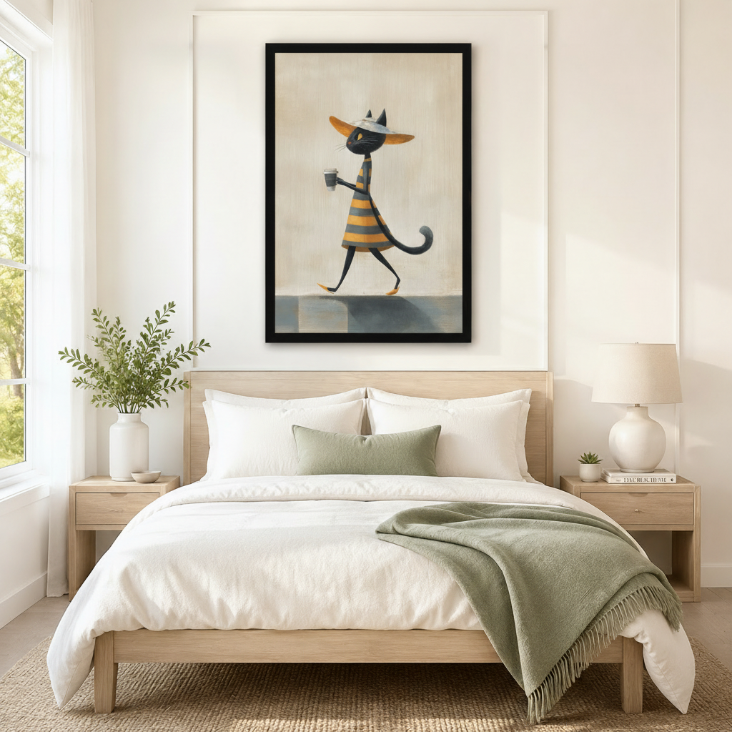 Black framed chic black cat coffee stroll canvas art with a slender black cat in a bold yellow-gray striped dress and wide-brim orange sun hat strolling with a coffee cup on a soft warm cream textured background, hung above a light wood bed with white linen bedding and a sage green throw in a serene Scandinavian bedroom
