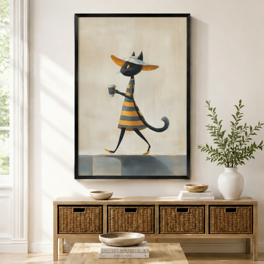 Black framed chic black cat coffee stroll canvas art with a stylish black cat in a yellow-gray striped dress and wide-brim orange hat walking confidently while holding a coffee cup on a warm cream textured background, displayed above a rattan storage console in a bright entryway