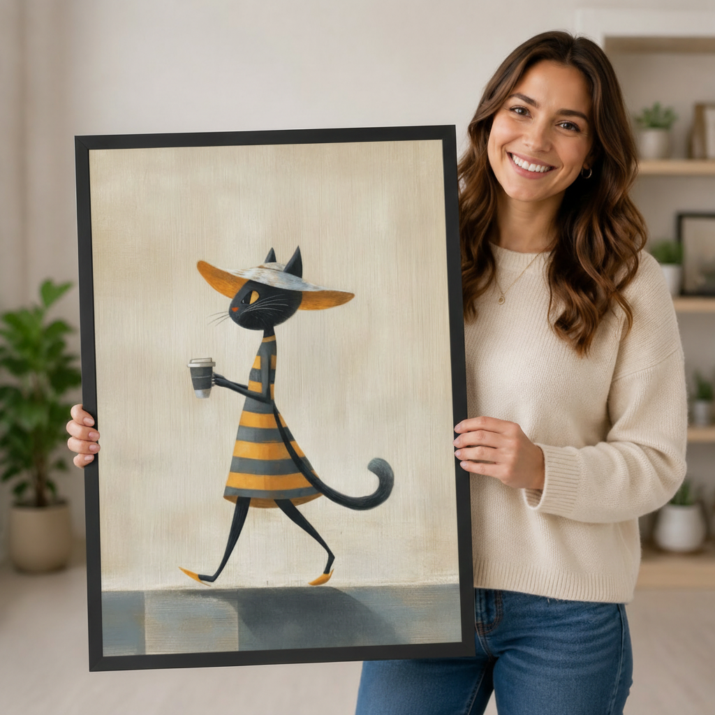 Smiling woman holding a large black framed chic black cat coffee stroll canvas art print with a stylish black cat in a striped yellow-gray dress and wide orange hat confidently walking while carrying a takeaway coffee cup on a warm cream background