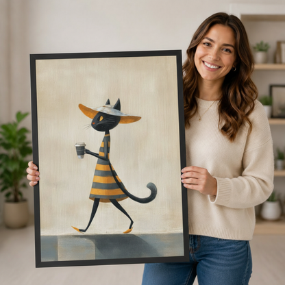 Smiling woman holding a large black framed chic black cat coffee stroll canvas art print with a stylish black cat in a striped yellow-gray dress and wide orange hat confidently walking while carrying a takeaway coffee cup on a warm cream background
