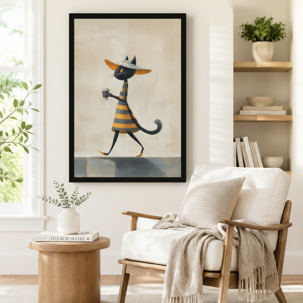 Black framed chic black cat coffee stroll canvas art showing a tall slender black cat in a yellow-gray striped midi dress and wide-brim orange hat walking with a coffee cup on a warm beige textured background, displayed beside a white linen armchair with a cream throw in a cozy reading nook