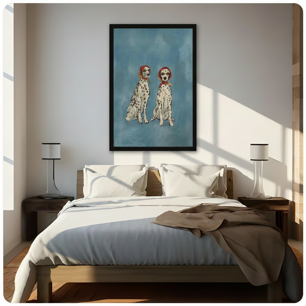 Two fashion Dalmatians black framed wall art above bed in sunlit minimalist bedroom with white bedding and dark wood nightstands