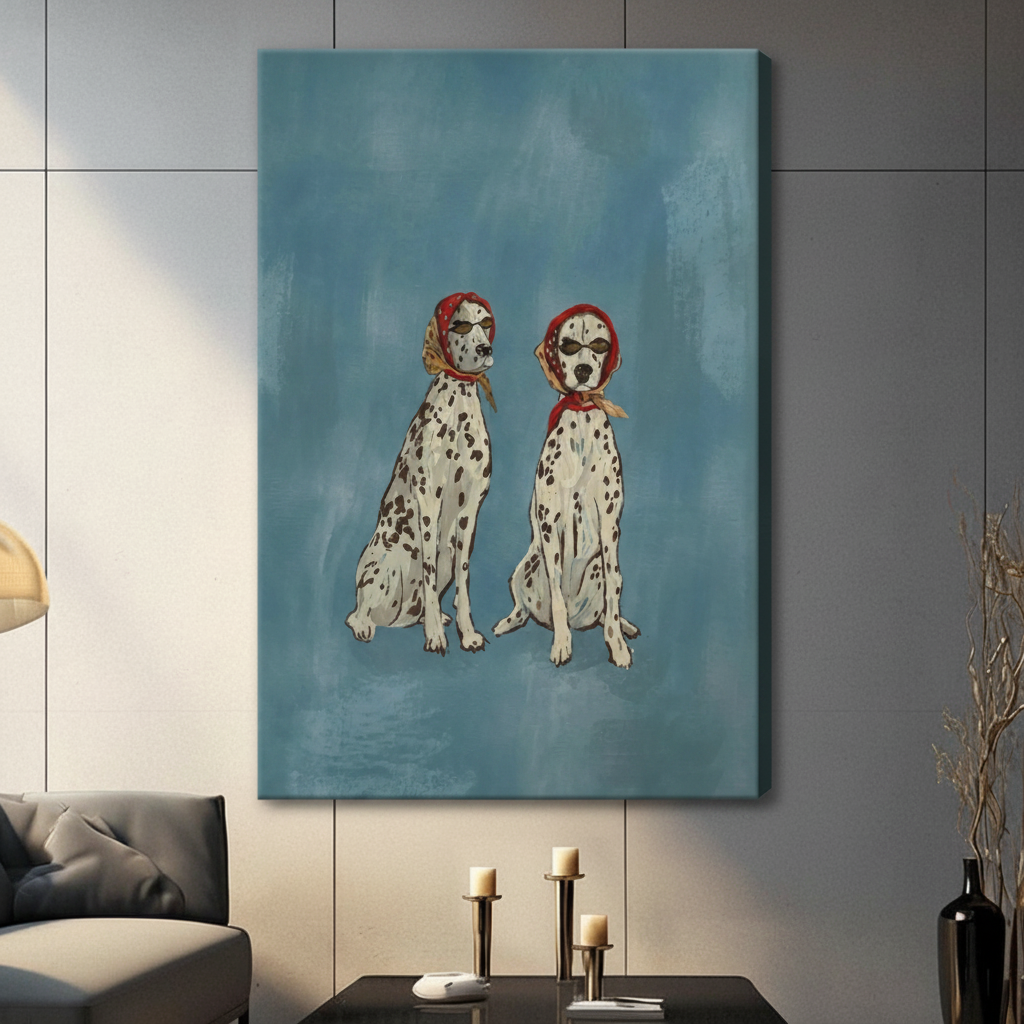 Two Dalmatians in red headscarves and sunglasses frameless gallery wrap stretched canvas on gray wall above console table with pillar candles