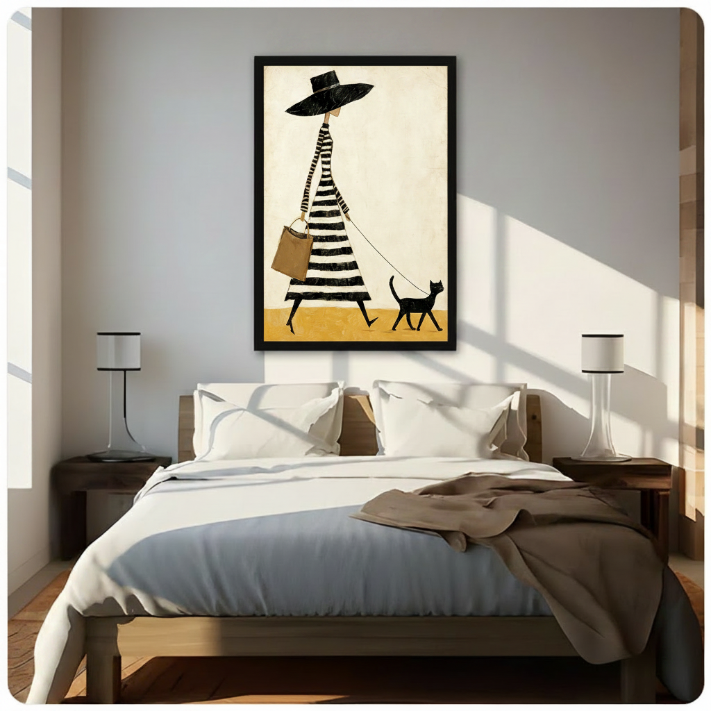 chic fashion figure black cat tote bag framed canvas wall art above bed bedroom warm sunlight modern home decor