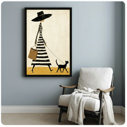 elegant woman striped dress walking black cat framed canvas blue gray wall white armchair cozy reading nook decor