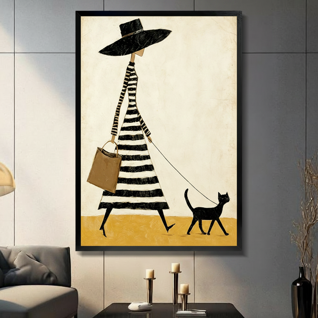 chic lady striped dress black cat framed canvas wall art gray paneled living room candle holders modern decor