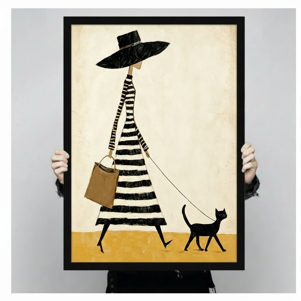 stylish lady black wide brim hat striped dress black cat framed canvas hand held display size reference