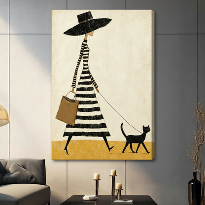 fashion figure wide brim hat black cat stretched canvas no frame gray wall living room golden yellow floor art