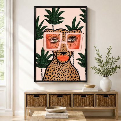Chic leopard with oversized pink sunglasses and red lips framed canvas wall art above wicker storage console in bright boho entryway