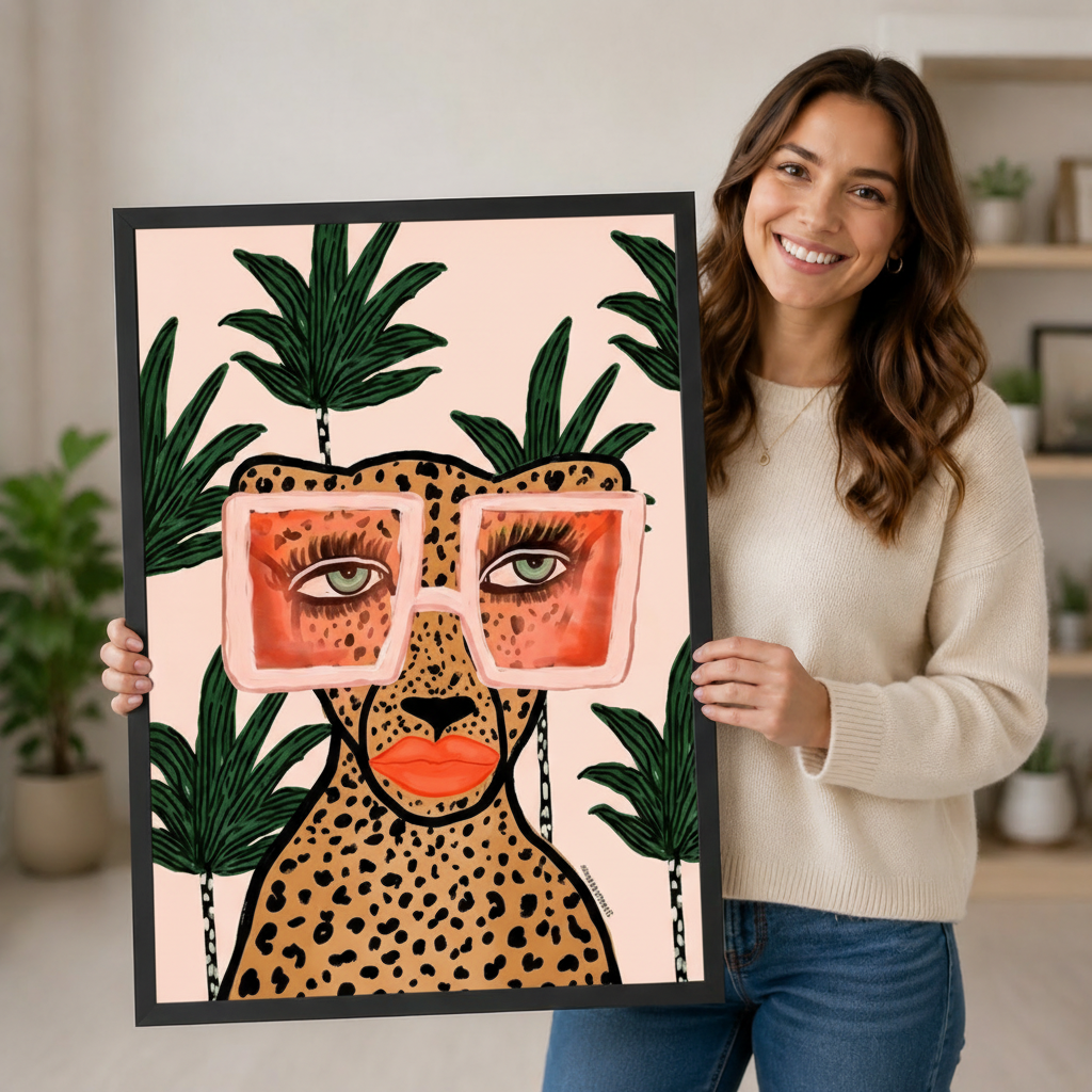 Smiling woman holding large framed canvas art print of a stylish leopard wearing pink square sunglasses surrounded by tropical palm leaves