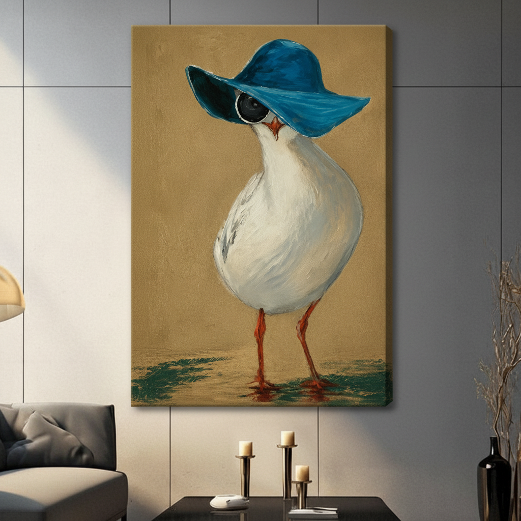 Gallery wrap canvas print featuring a fashionable white seagull in a teal floppy hat and oversized sunglasses, hung in a contemporary living room