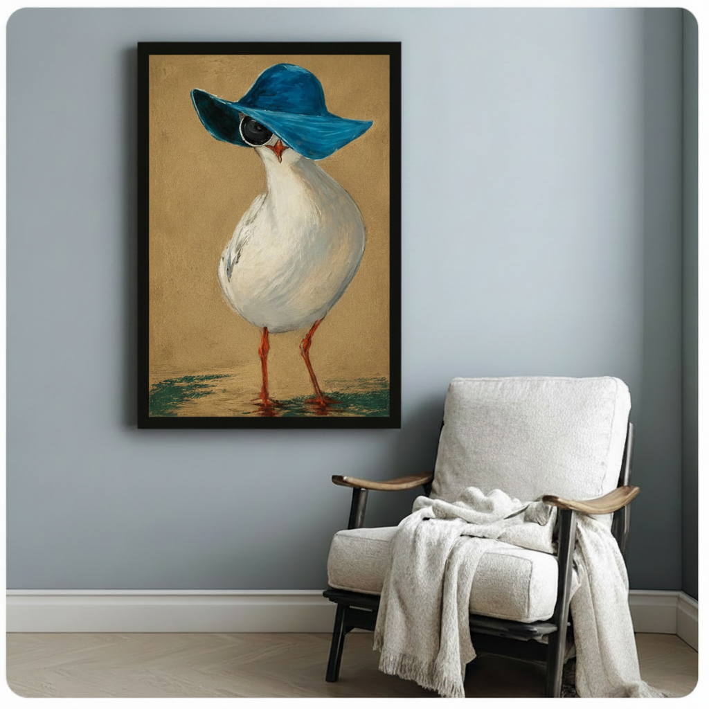 Black-framed whimsical bird wall art showing a seagull with a blue sun hat, styled above an armchair in a cozy Scandinavian-inspired reading nook