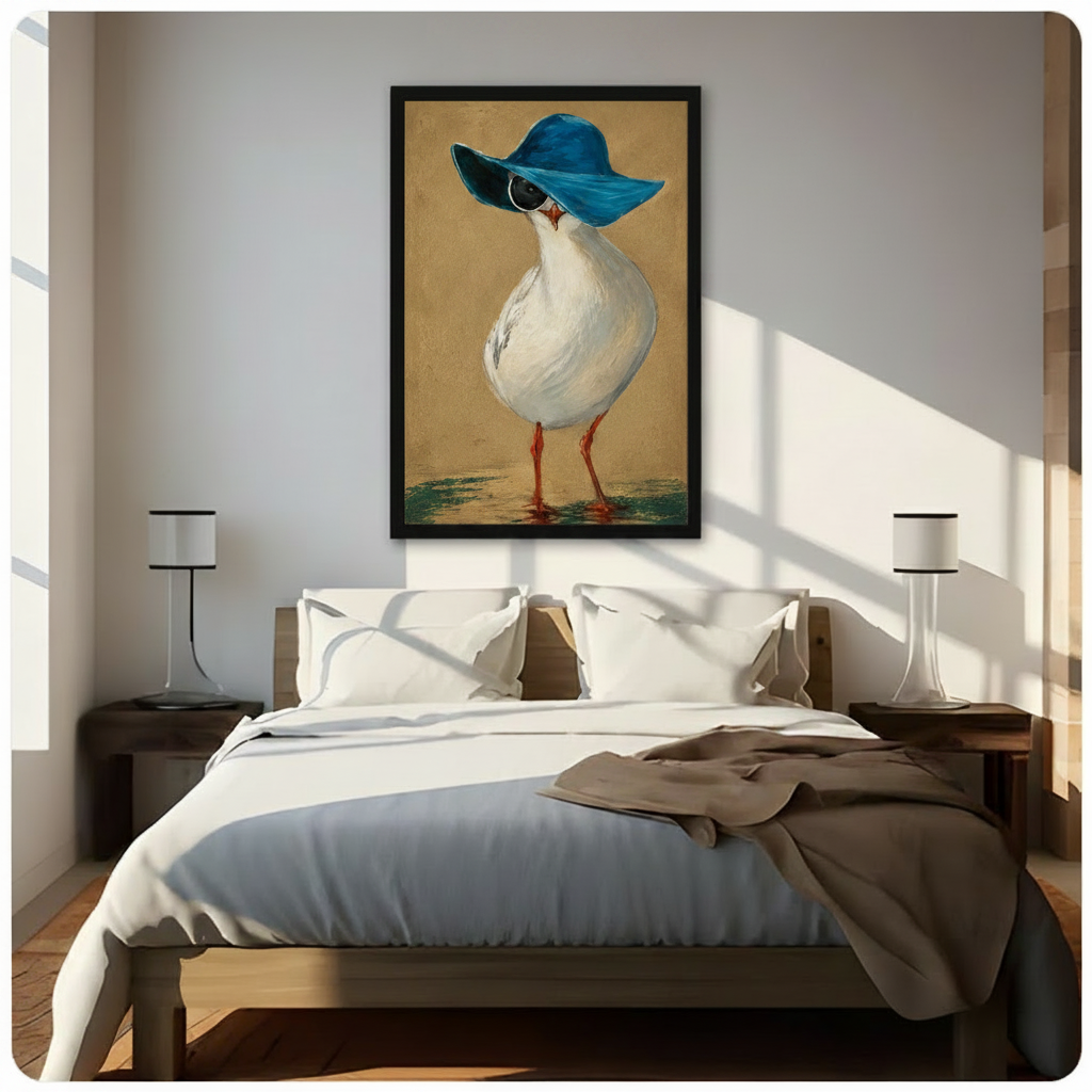 Framed retro seagull wall art print hung above a bed in a bright minimalist bedroom, featuring a fashionable bird with a teal floppy hat and sunglasses