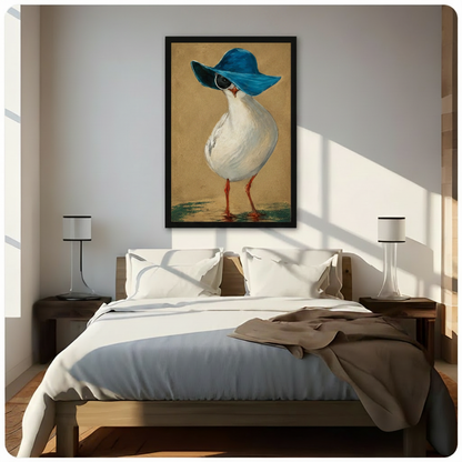 Framed retro seagull wall art print hung above a bed in a bright minimalist bedroom, featuring a fashionable bird with a teal floppy hat and sunglasses