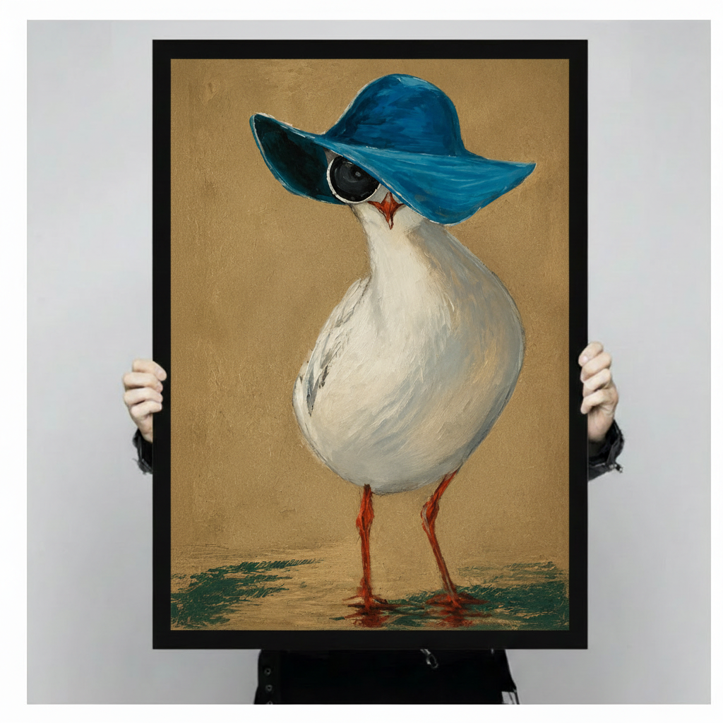 Close-up of a vintage-style illustrated art print depicting a chic seagull in a wide-brim blue hat and round sunglasses, held by gloved hands
