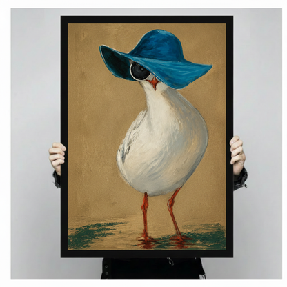 Close-up of a vintage-style illustrated art print depicting a chic seagull in a wide-brim blue hat and round sunglasses, held by gloved hands
