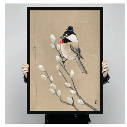 Close-up of dapper chickadee on pussy willow framed poster held by hands showing warm beige tone and detailed brushwork