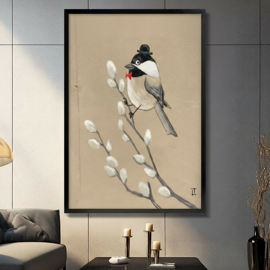 Vintage Japanese-style chickadee with bowler hat and red bow tie wall art in black frame displayed in modern living room