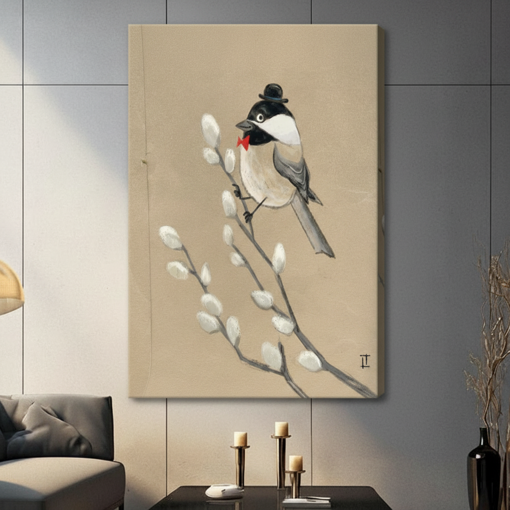 Dapper chickadee perched on pussy willow branch gallery wrap canvas print mounted on grey wall in contemporary living space