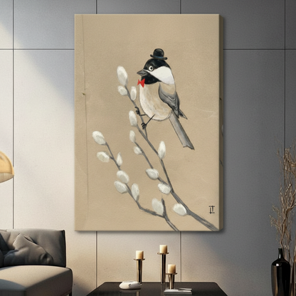 Dapper chickadee perched on pussy willow branch gallery wrap canvas print mounted on grey wall in contemporary living space