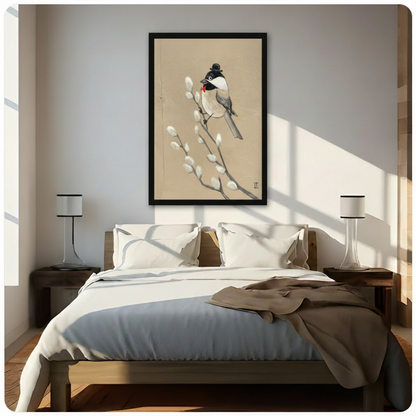 Japanese-inspired chickadee with bowler hat framed wall art displayed above bed in bright sunlit Scandinavian-style bedroom