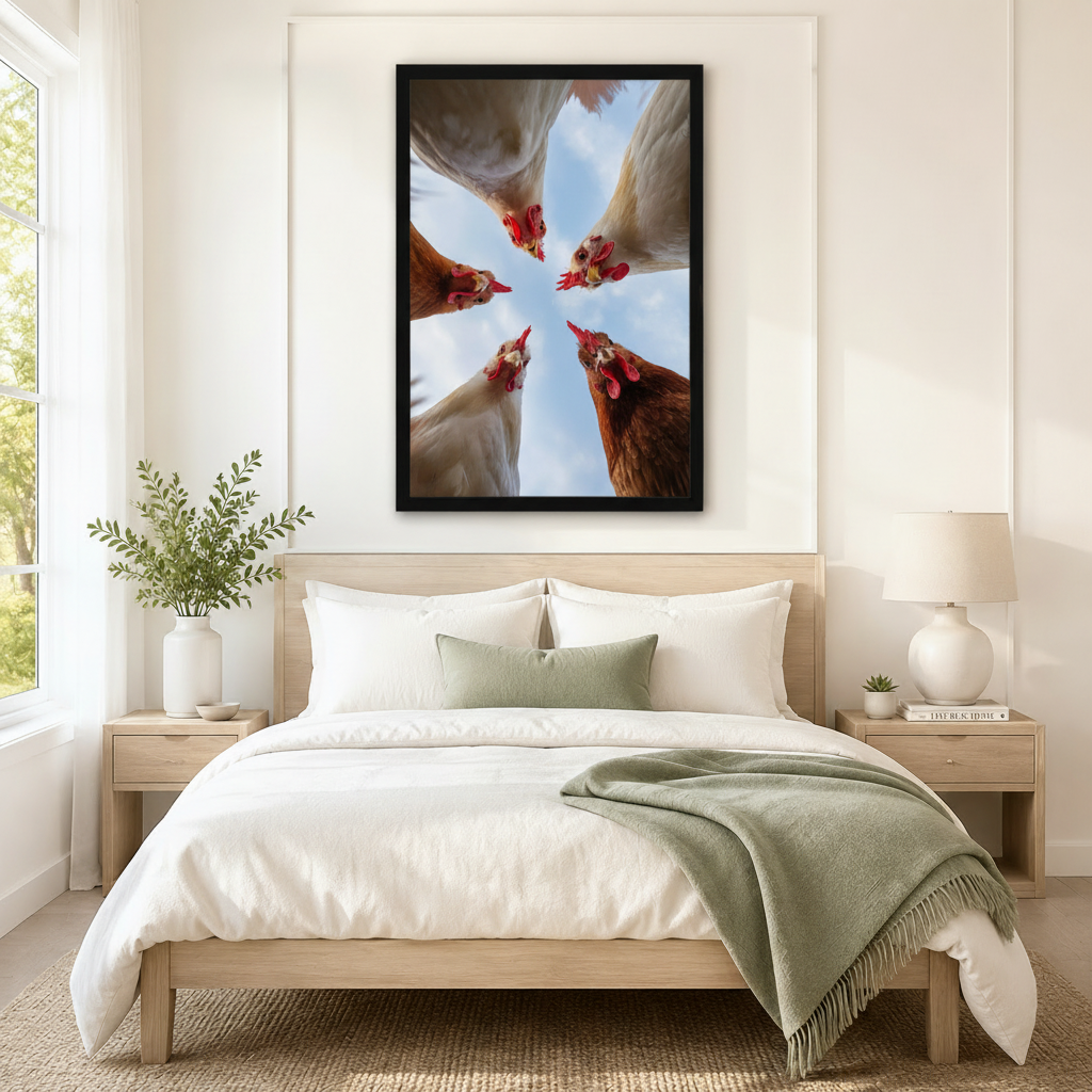 Striking framed farm animal wall art of five white and brown chickens with vivid red combs staring down from a bright blue sky in a dramatic low-angle perspective, displayed above a white and sage linen bed in a serene Scandinavian bedroom