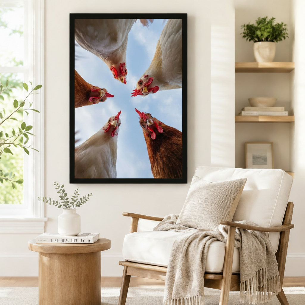 Bold framed wall art print of five farm chickens with bright red combs photographed from below against a soft blue cloudy sky, creating a funny and dramatic perspective, styled beside a linen armchair in a bright Scandinavian reading corner