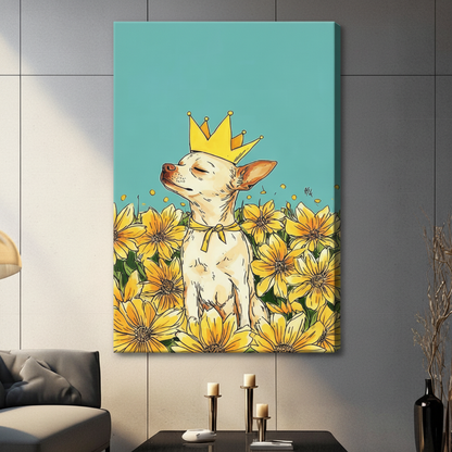 Gallery wrap stretched canvas of a regal chihuahua wearing a golden crown with eyes closed surrounded by bright yellow sunflowers on mint teal background hung frameless on a dark gray wall above a black coffee table