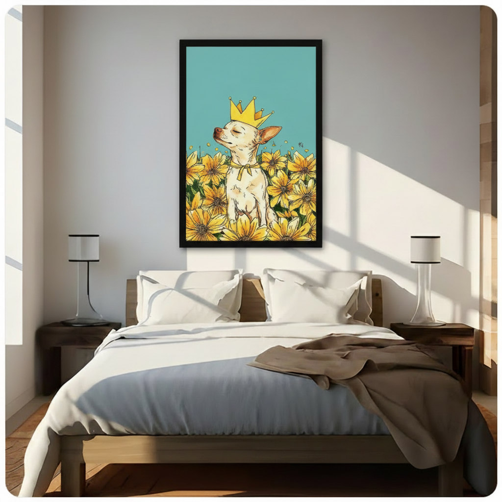 Black framed royal chihuahua king with gold crown and yellow sunflowers pop art canvas wall art hung above a dark wood bed with white and beige linen bedding in a sunlit minimalist bedroom with white table lamps