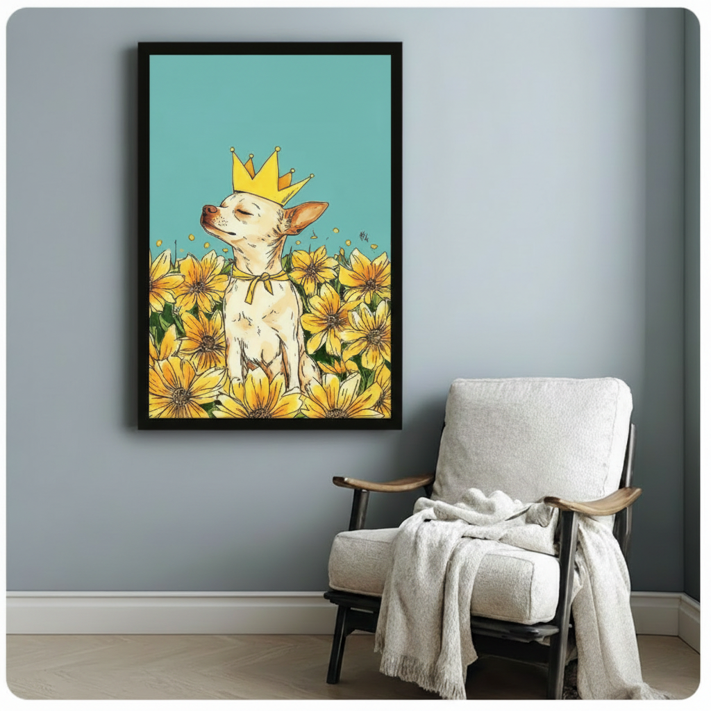 Black framed cute chihuahua king pop art canvas print with gold crown yellow bow tie and sunflower field on teal background hung on a soft blue-gray wall beside a white upholstered lounge chair with cream throw