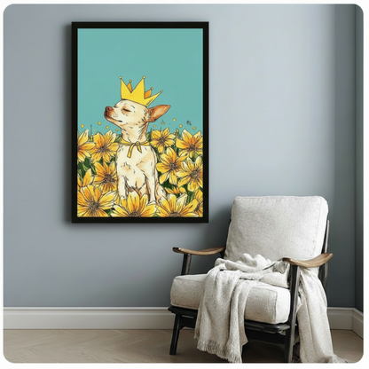 Black framed cute chihuahua king pop art canvas print with gold crown yellow bow tie and sunflower field on teal background hung on a soft blue-gray wall beside a white upholstered lounge chair with cream throw
