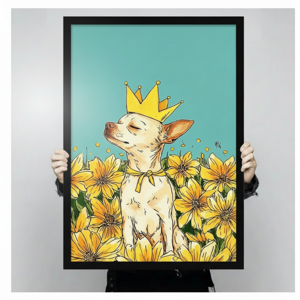 Two hands in black sleeves holding a large black framed chihuahua with golden crown and sunflowers pop art canvas art print on teal blue background, front-facing vertical product size display