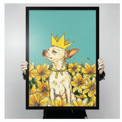 Two hands in black sleeves holding a large black framed chihuahua with golden crown and sunflowers pop art canvas art print on teal blue background, front-facing vertical product size display