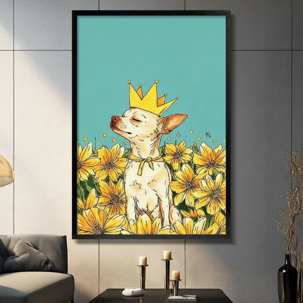 Black framed chihuahua king with gold crown and yellow bow tie surrounded by sunflowers pop art canvas wall art on teal blue background displayed in a modern dark gray living room with gray sofa and candlesticks