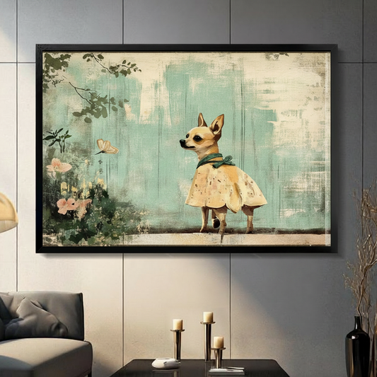 Framed canvas wall art featuring a chihuahua in a yellow dress, hung above a dark walnut sideboard in a modern living room