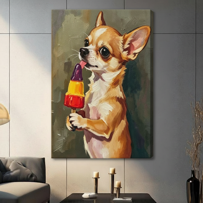 Gallery wrap canvas of a golden chihuahua holding a purple yellow red popsicle with tongue out whimsical dog humor wall art