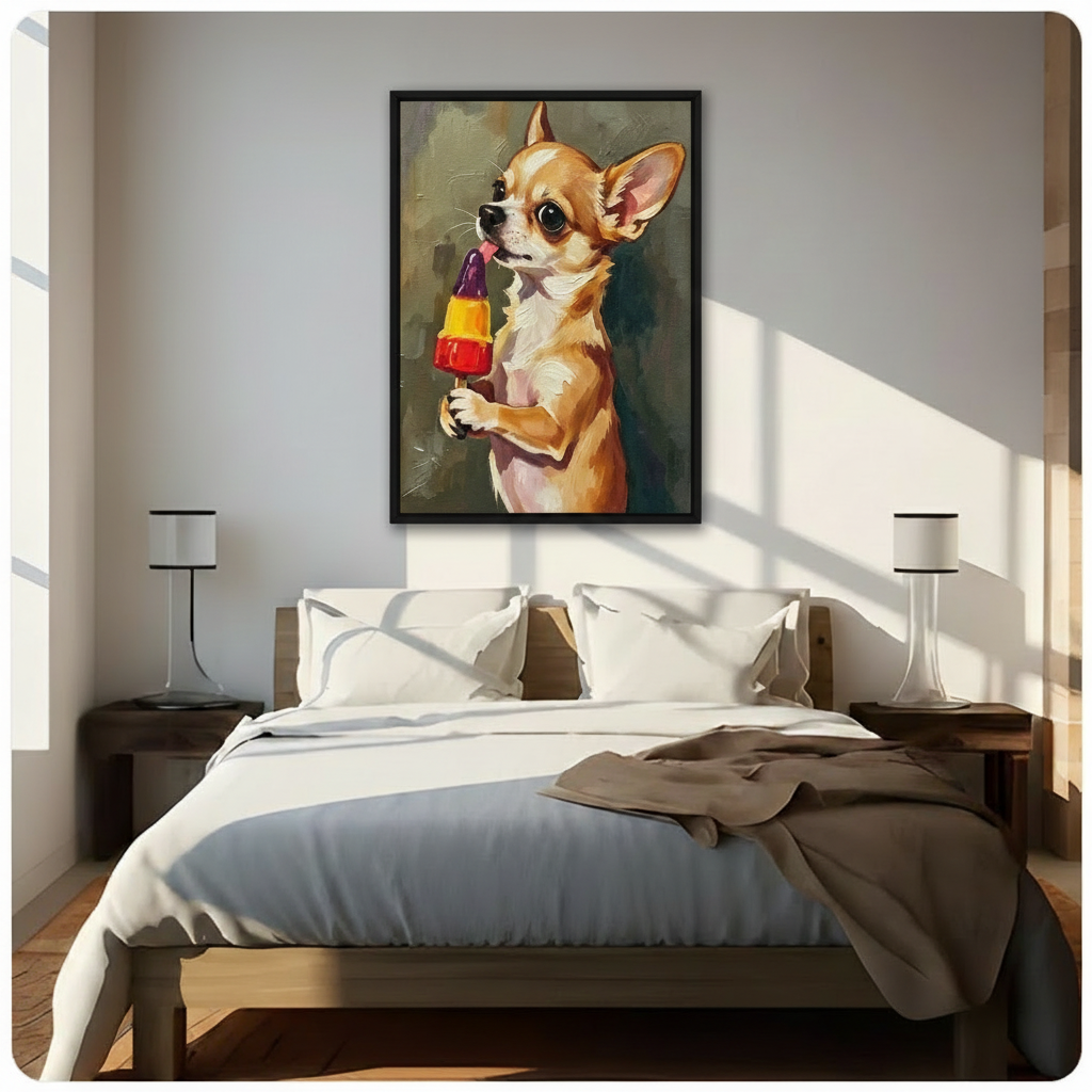 Black framed whimsical chihuahua popsicle oil painting funny dog canvas wall art above a dark wood bed with white linen